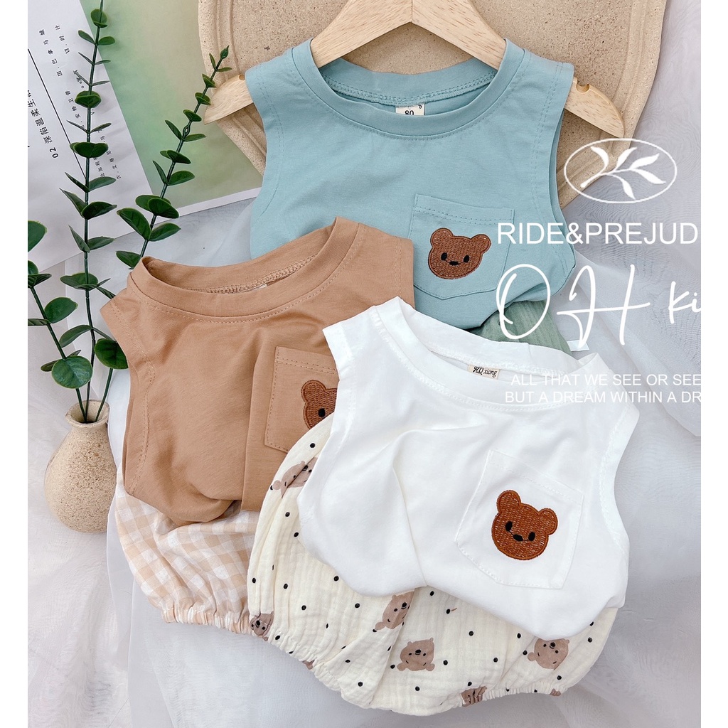 Bộ đũi quần chip áo ba lỗ thêu gấu cho bé bé từ 6-16kg