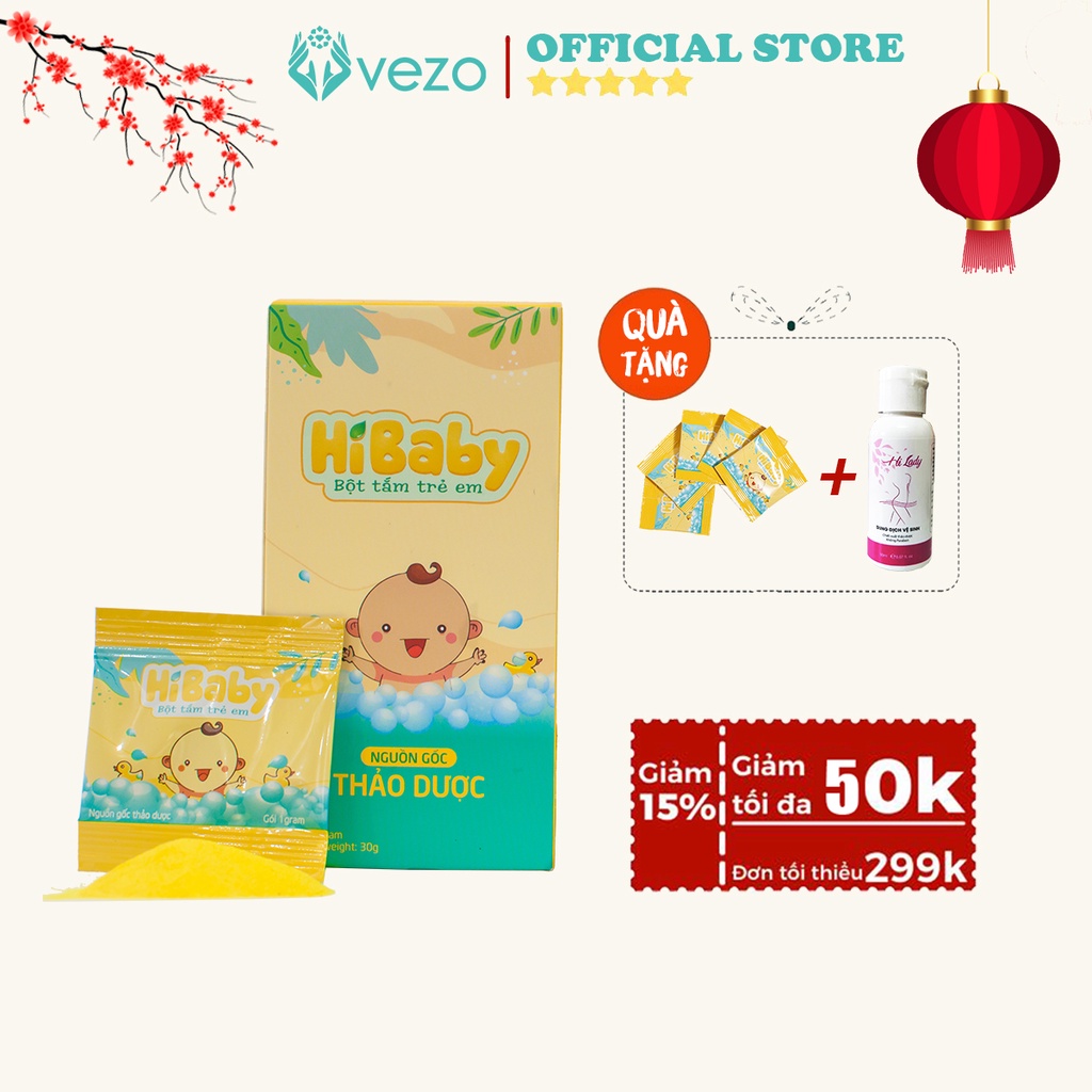Bột pha nước tắm thảo dược trẻ em HI BABY hộp 30 GÓI - Giúp kháng khuẩn, đánh tan mề đay mẩn ngứa, chàm sữa, hăm tã