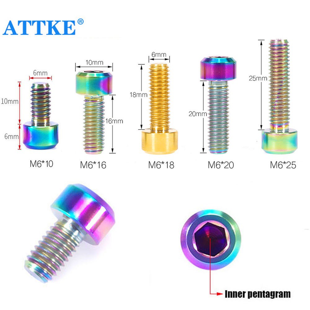 Bu lông cố định trục xe đạp hợp kim titan đầu hình nón nhiều màu sắc tùy chọn 10mm/ 16mm/ 18mm/ 20mm M6 tiện lợi