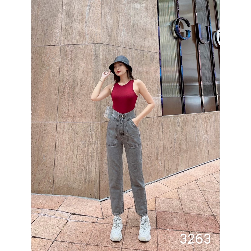 [ ẢNH THẬT ] QUẦN BAGGY JEAN NỮ LƯNG CAO 2 NÚT 2 TÚI HỘP ĐĨA CHÉO LAI CUỐN MÀU XÁM NHẠT CAO CẤP NITI PHONG THÁI DẪN ĐẦU