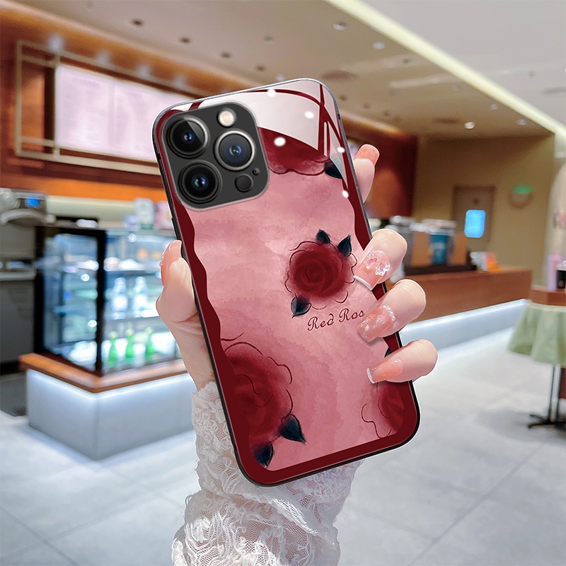 Ốp Điện Thoại Mặt Kính In Hình Hoa Hồng Cho iPhone 14 13 12 11 Pro Max X XS XR 8 7 6 Plus