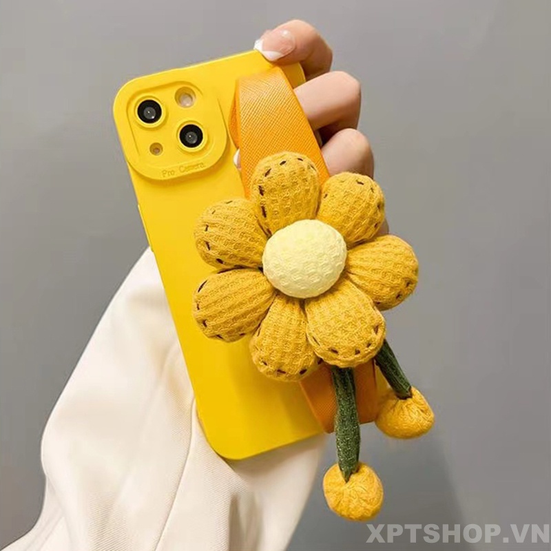 Ốp Điện Thoại Dẻo Họa Tiết Hoa Vàng 3D Có Dây Đeo Tay Bảo Vệ Camera Cho iPhone 14 Pro Max 13 Pro Max 12 Pro Max 11 Pro Max