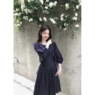 Đầm váy freesize đen tay lỡ đan dây eo