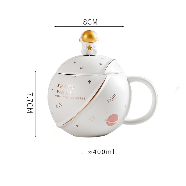 (Hàng Đẹp + Sẳn) Ly Gốm Sứ Dà du hành không gian, có nắp và thìa 400ml, Thiết kế sáng tạo đáng yêu.