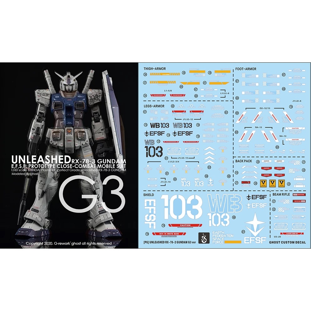 Decal trượt nước YAN 018 GHOST PG 1 / 60 Unleashed RX-78-2 G3 Ver Nocitlucent YANPG002