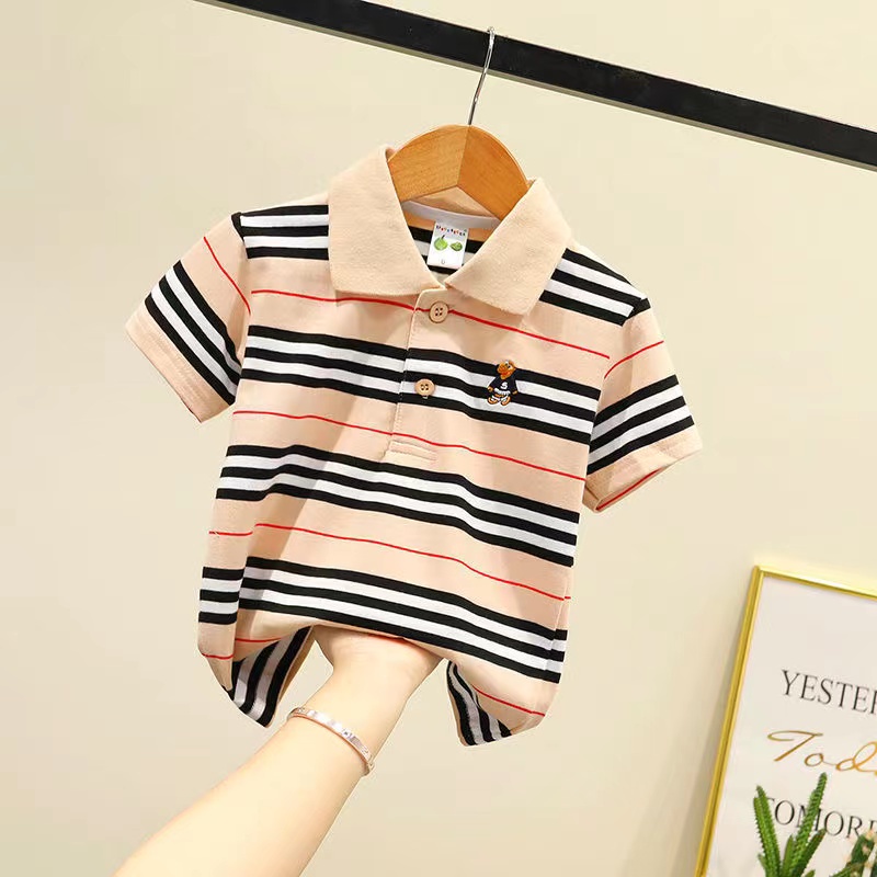 Áo polo Tay Ngắn Bằng Cotton Họa Tiết Kẻ Sọc Phong Cách Hàn Quốc Dành Cho Bé Trai Và Bé Gái