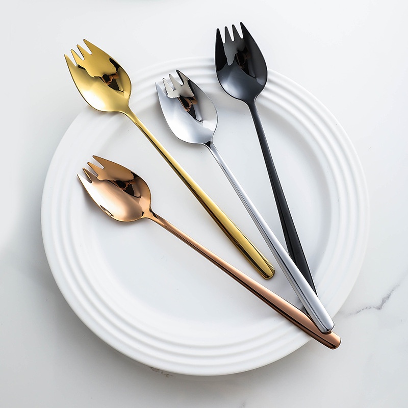 304 Salad Inox Giỏ Cắm Muỗng Nĩa Tích Hợp Trái Cây Thìa Ăn Liền Muỗng Nĩa Thìa Tráng Miệng Trái Cây Nĩa