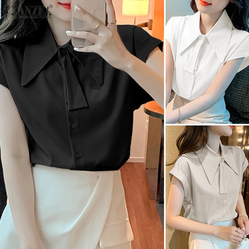 ZANZEA Áo Sơ Mi Tay Ngắn Dáng Rộng Thắt Cà Vạt Thời Trang Cho Nữ