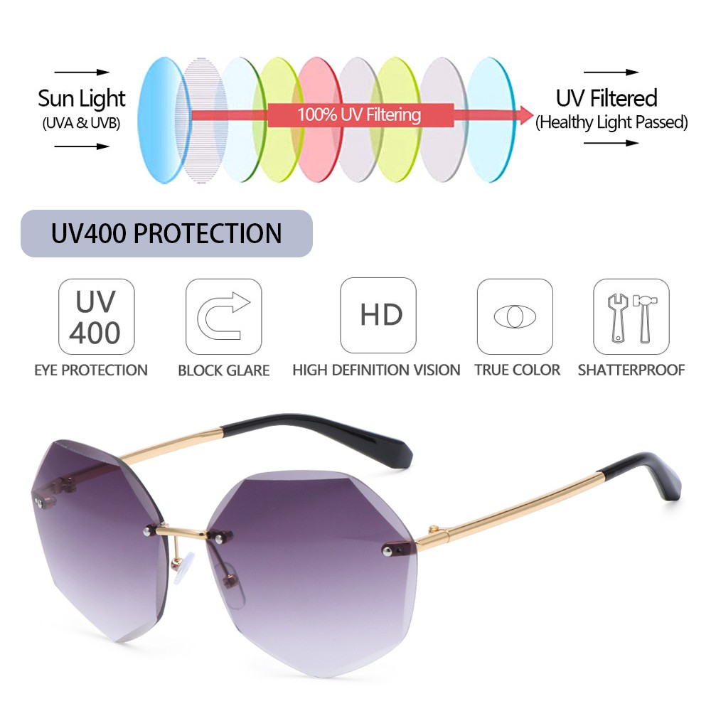 MIHAN1 Fashion Rimless Sunglasses Vintage Diamond Cutting Lens Women's Sunglasses Trendy Metal Frame UV400 Protection Classic Frameless Eyewear Tinted Lens Sun Glasses