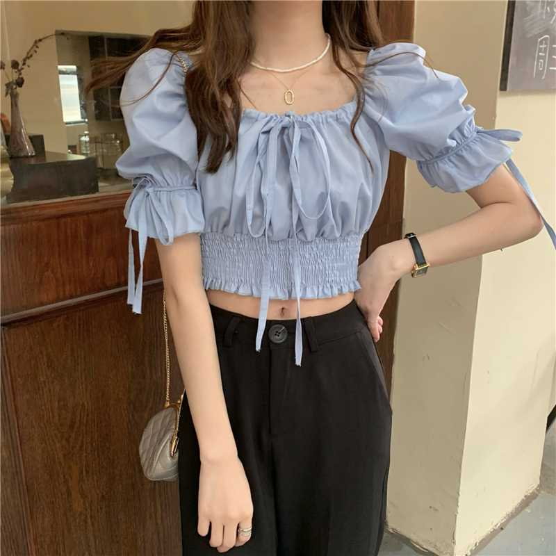 Áo croptop ngắn tay với thiết kế cổ vuông xinh xắn theo phong cách Hàn Quốc 42858