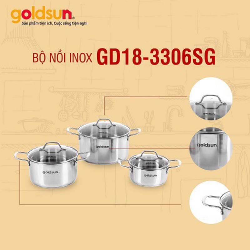 ️Bộ nồi 🎉FREESHP️🎉 Bộ nồi inox Goldsun GD18-3306SG ( Vung kính )