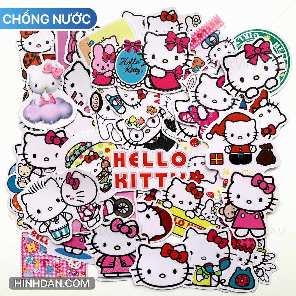 Sticker HELLO KITTY  chống nước dán nón bảo hiểm, tủ, đàn guitar, laptop, máy tính, xe, vali, tường