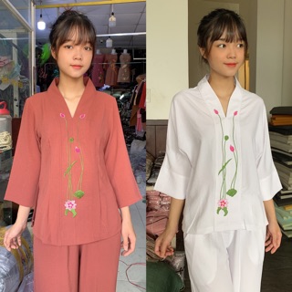 Đồ đi chùa _ áo lam nữ đi chùa vải đũi bigsize 65kg