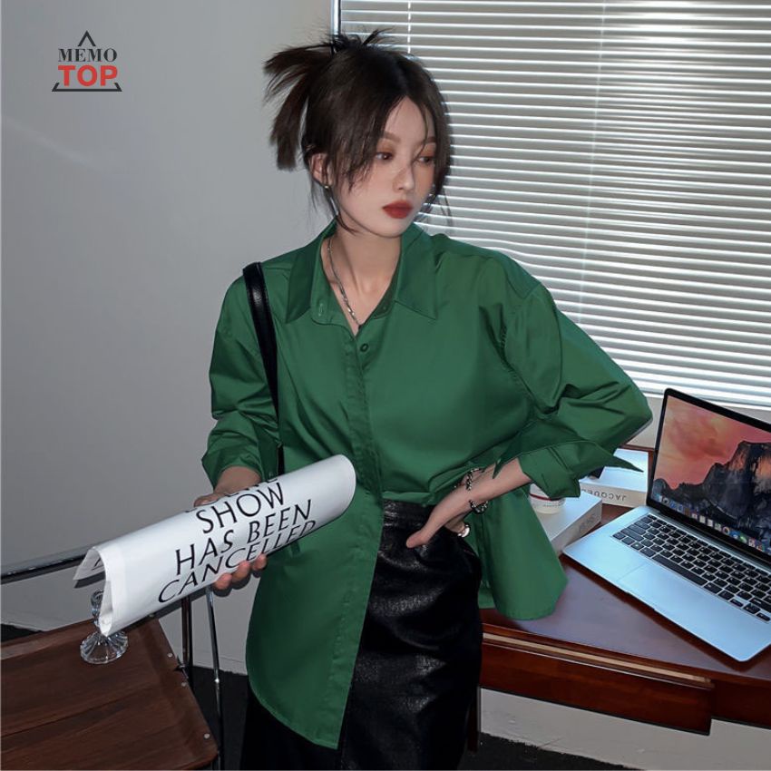 Áo Sơ Mi Tay Dài Xanh Lá Form Rộng Nam Nữ Unisex Giấu Cúc Hot Trend Street Style MEMOTOP MM03