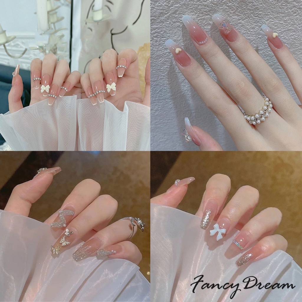 [Hàng mới về] Bộ 24 móng tay giả dáng dài đính bươm bướm tỏa sáng thời trang dành cho phái đẹp