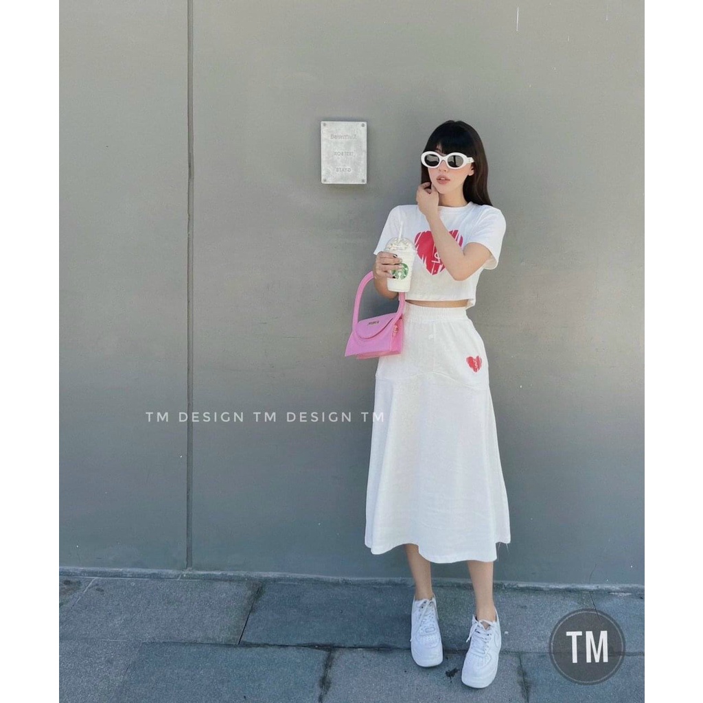 [9.9 Sales Freeship] Set váy thun nữ basic, set áo trắng croptop in tim kèm chân váy dài  đi chơi năng động, cá tính dx