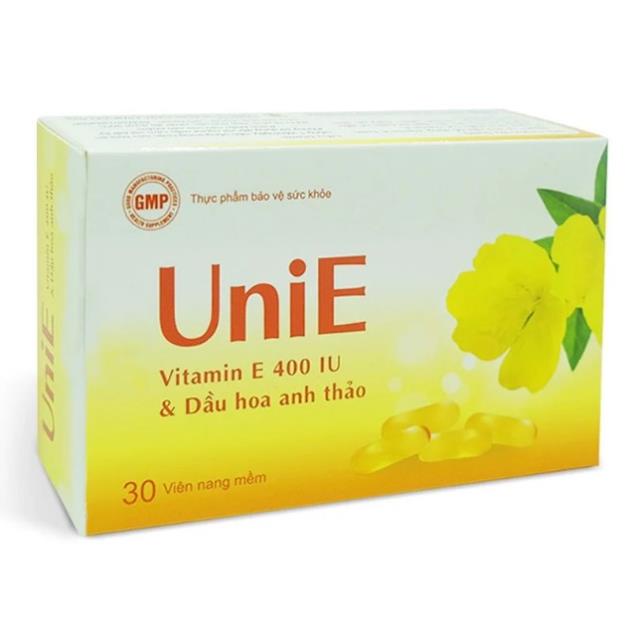 UniE – Bổ sung vitamin E, dầu hoa anh thảo hỗ trợ làm đẹp da (Hộp 30 viên)