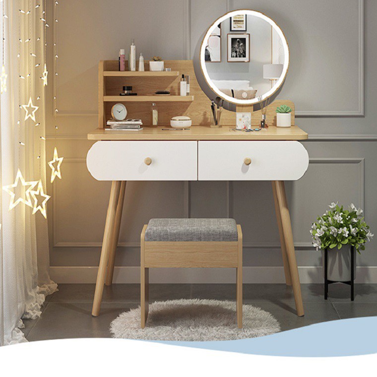 🌟Ảnh thật🌟 Bàn trang điểm nhỏ gương đèn LED kèm ghế BAH002 | BigBuy360 - bigbuy360.vn