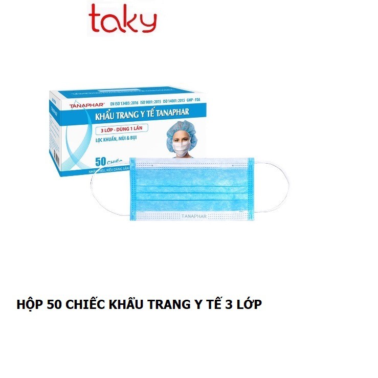 Khẩu Trang Y Tế 3 Lớp - Taky, 50 Chiếc Màu Xanh - Lọc Khuẩn, Lọc Mùi, Lọc Bụi, Thoáng Khí, Không Gây Dị Ứng - 7060