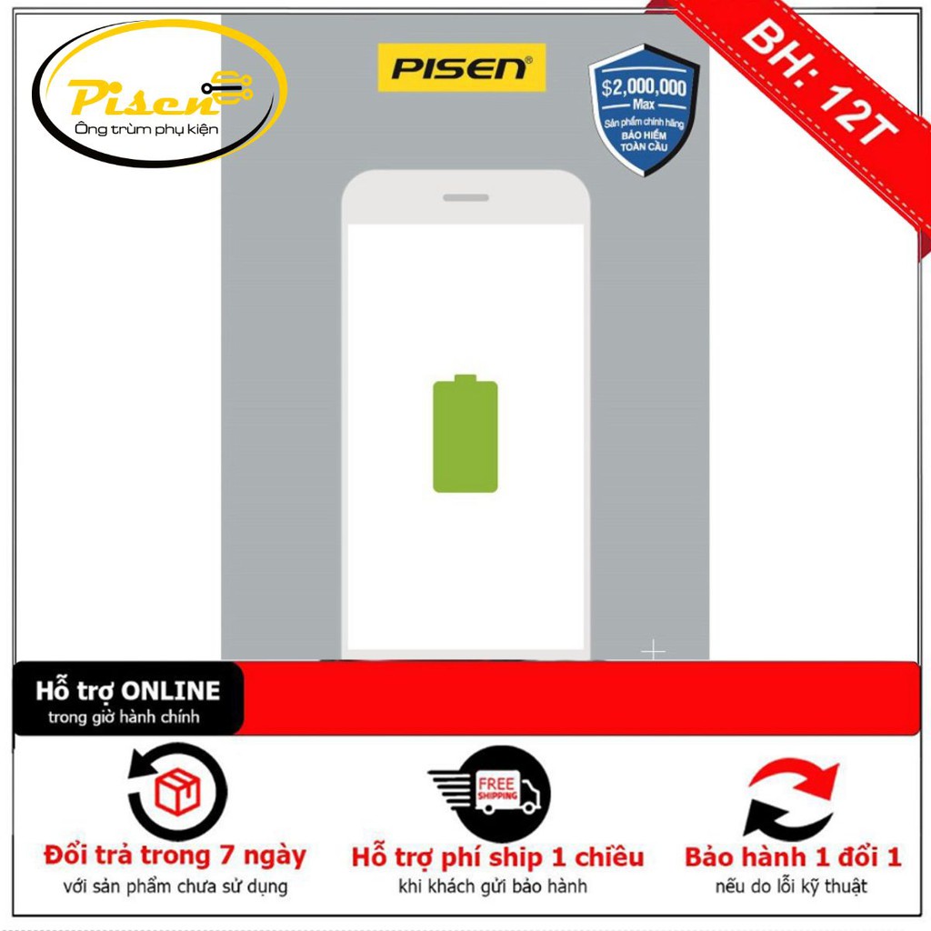 { Free ship } Pin điện thoại iPhone 8 Plus Pisen + tặng kèm cáp iphone lightning fast - Hàng chính hãng