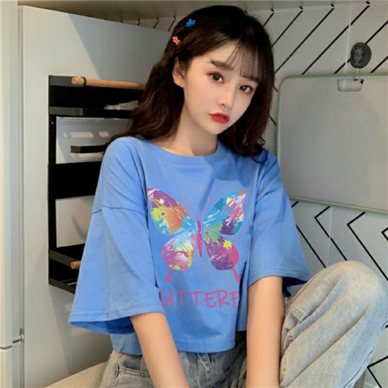 Áo croptop, áo kiểu croptop from rộng tay lỡ chất cotton mát mịn in hình BUTTE