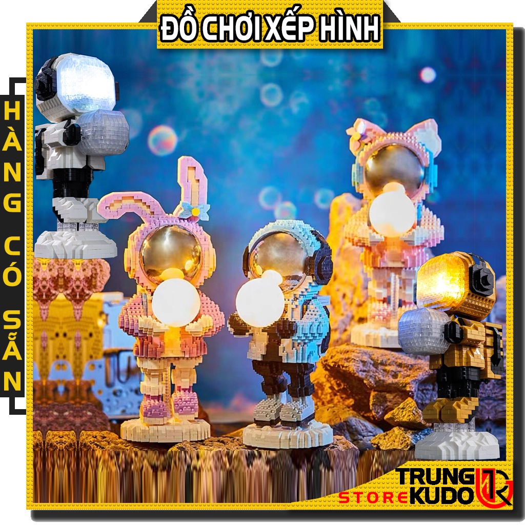 Mô hình Phi hành gia cầm mặt trăng có đèn dạng đồ chơi xếp hình Phi hành gia bê mặt trăng dùng làm quà tặng, đồ decor