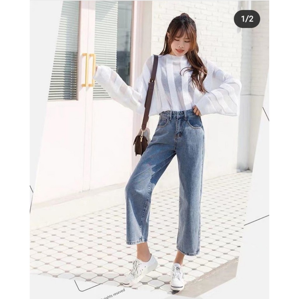 [ THÍCH CỘC KHÔNG!!! ] QUẦN JEAN ỐNG RỘNG NỮ CAO CẤP BABO LAI CUỐN MÀU XANH LƯNG SIÊU CAO CỰC HOT-NL123058