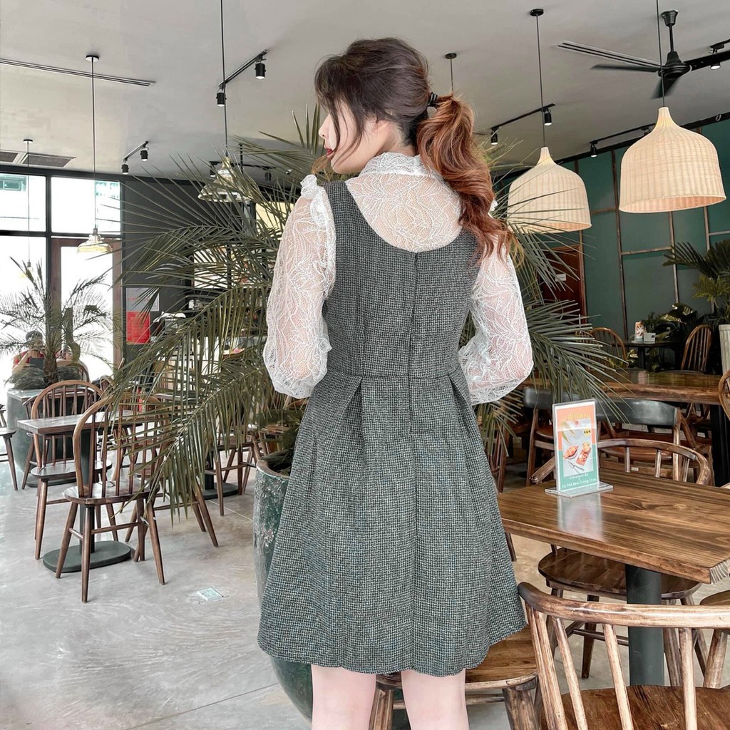 Set áo sơ mi thắt nơ và váy tiểu thư vải dạ tweed ulzzang