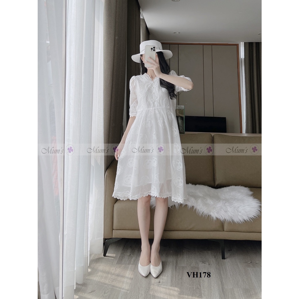 ĐẦM BẦU CÔNG SỞ MUM'S SHOP  FREESHIP  Váy bầu xinh Tơ trắng hoa hồng cổ tim