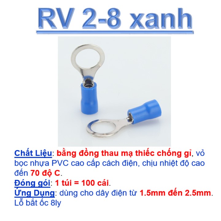 Đầu cos tròn RV 2mm-6-8-10 100C💥cosse khuyên chữ O bọc phủ nhựa, cốt bấm nối dây điện bằng đồng cho bình ắc quy xe điện