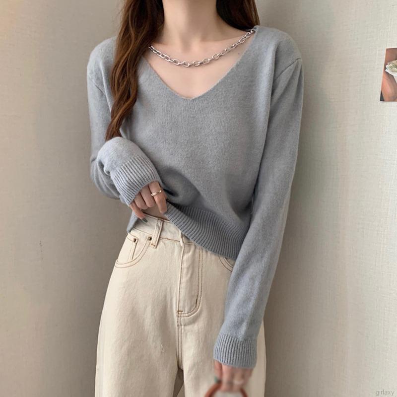 Áo Len Tay Dài Cổ Chữ V Màu Trơn Phối Dây Xích Thời Trang Hàn Quốc Cho Nữ
