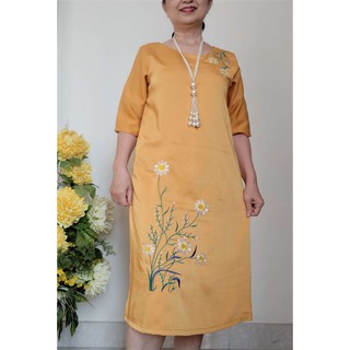 Size 2XL, 3XL (65 - 78Kg) - Váy Đầm Thêu Hoa Cúc Dáng Suông - Vải Lụa Gân Pháp Không Co Giãn