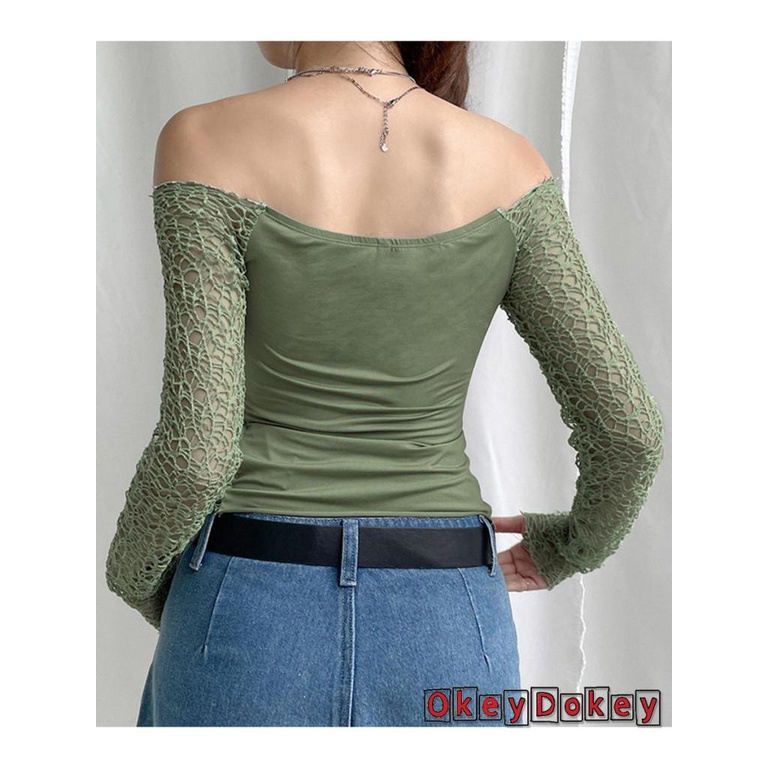 Áo Croptop Trễ Vai Thiết Kế Xuyên Thấu Phong Cách Harajuku Cổ Điển Quyến Rũ Cho Nữ Y2K