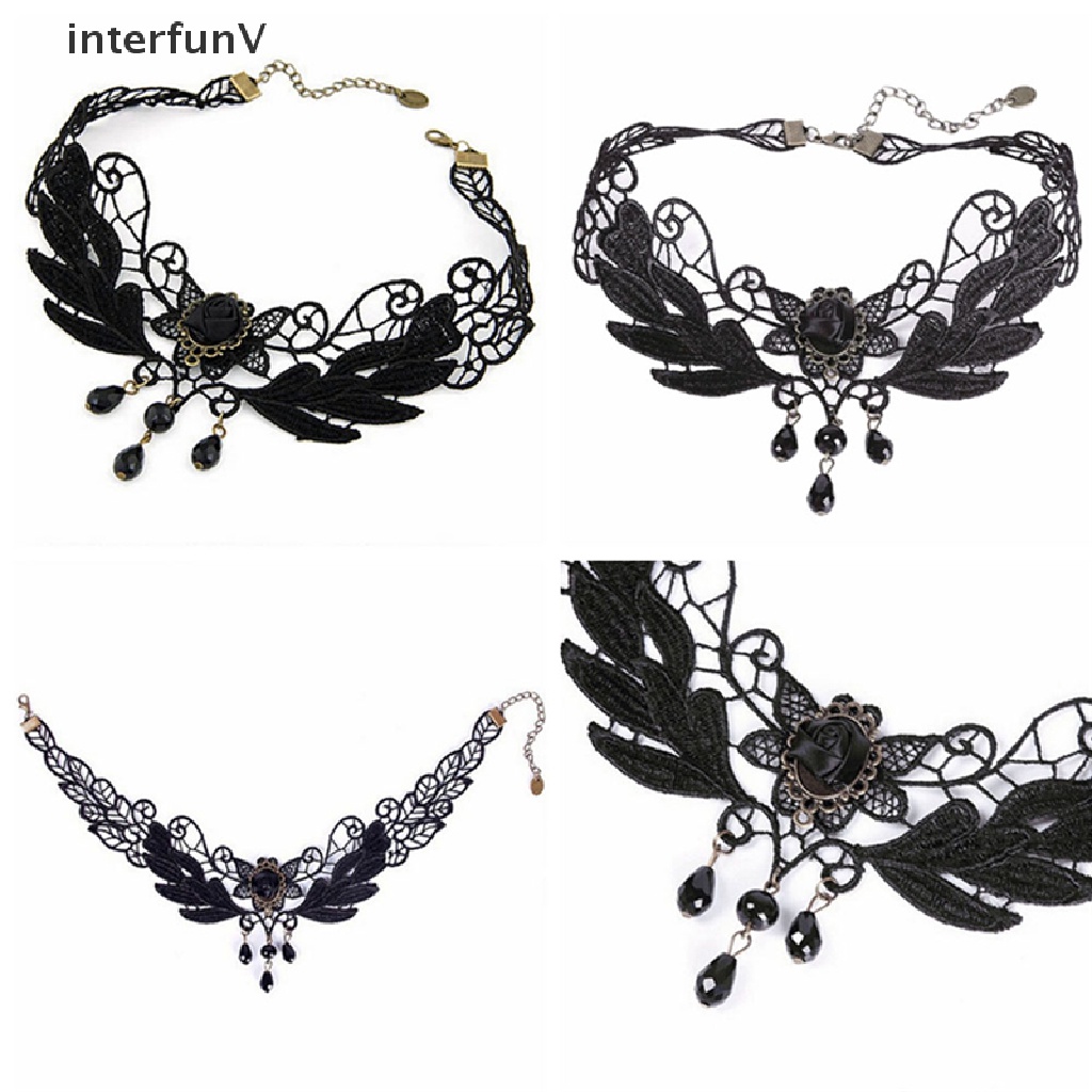 [InterfunV] Vòng Cổ Choker Ren Mặt Giọt Nước Mắt Đen Đính Hạt Phong Cách Lolita Mới Cho Nữ