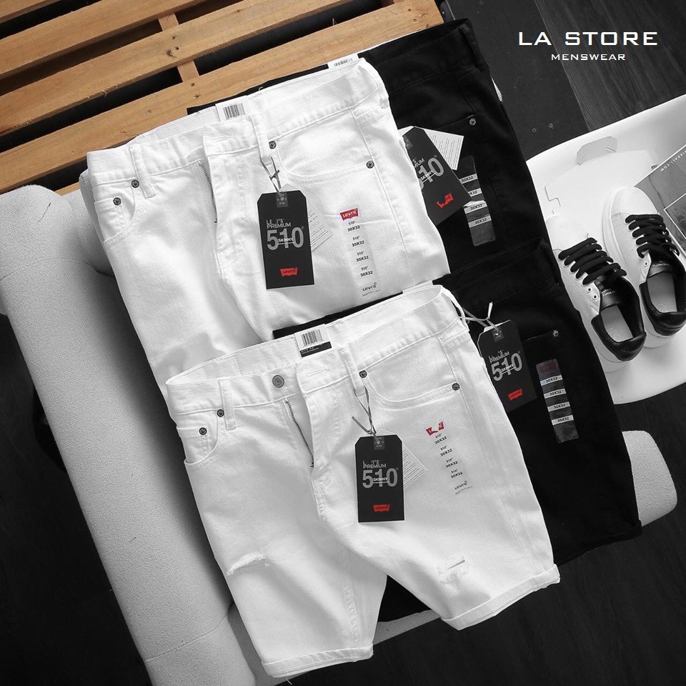 Quần short jeans nam màu TRẮNG/ ĐEN levis co giãn rách và trơn