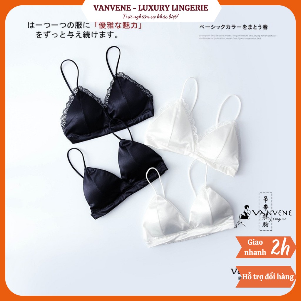 [Mã FAMARAL1 giảm 10K đơn 50K] Áo Bra Lụa Satin Vanvene Đen Trắng Dây Lưng Chun Free Size 45-55Kg A500