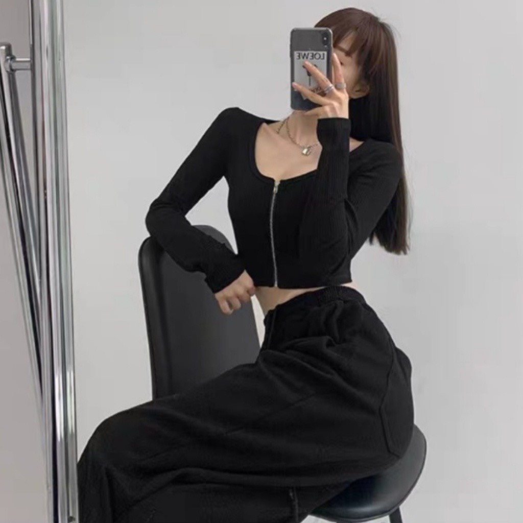 Áo Croptop Tay Dài Nữ DÂY KÉO NGỰC Thun Gân Tốt Ulzzang, Áo thun nữ dài tay chất vải tốt mặc đẹp GUVIA