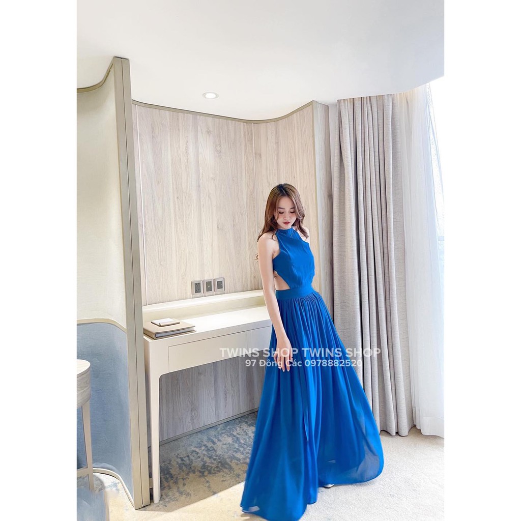 Váy maxi yếm khoét eo hở lưng xanh nhạt 1269