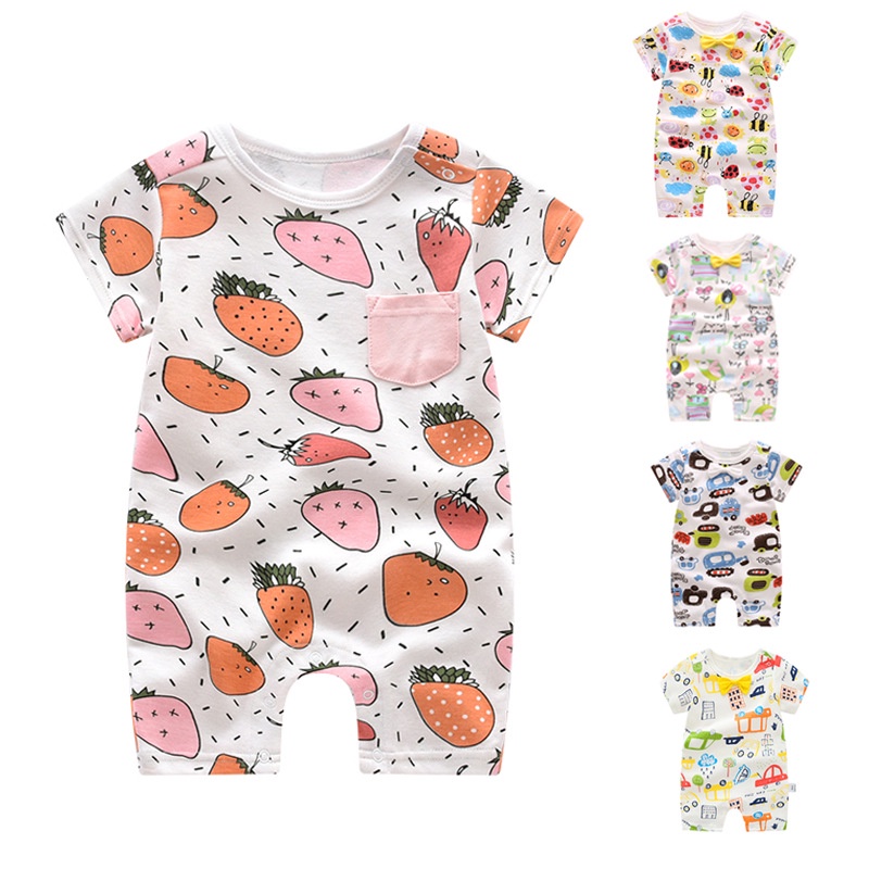 Áo liền quần tay ngắn chất liệu cotton in họa tiết dâu tây đáng yêu cho bé 0-24 tháng tuổi