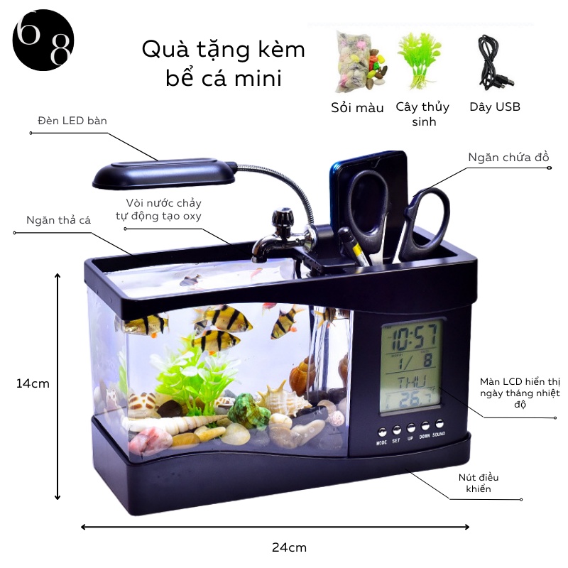 Bể Cá mini Phong Thủy 68 Hồ Cá cảnh thủy sinh để bàn