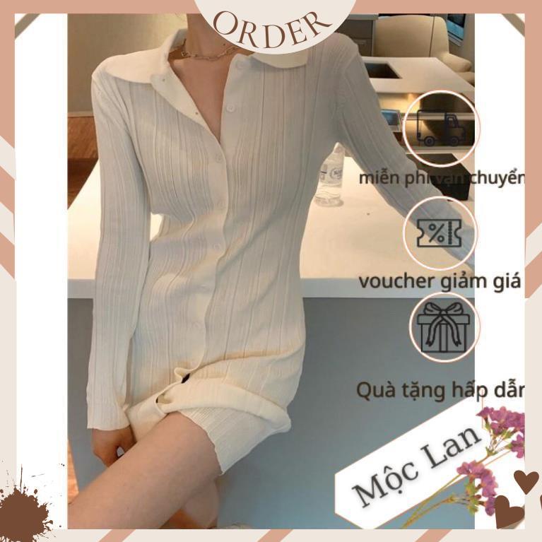 (MộcLan ORDER) Váy polo body tay dài màu trắng dệt kim phong cách Hàn Quốc 2021 AH1021 | BigBuy360 - bigbuy360.vn