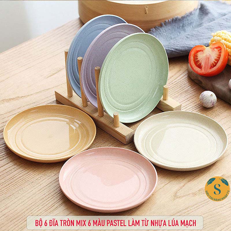 Bộ 6 dĩa tròn mix 6 màu pastel nhựa lúa mạch đựng thức ăn sang trọng [BỘ 6 ĐĨA]