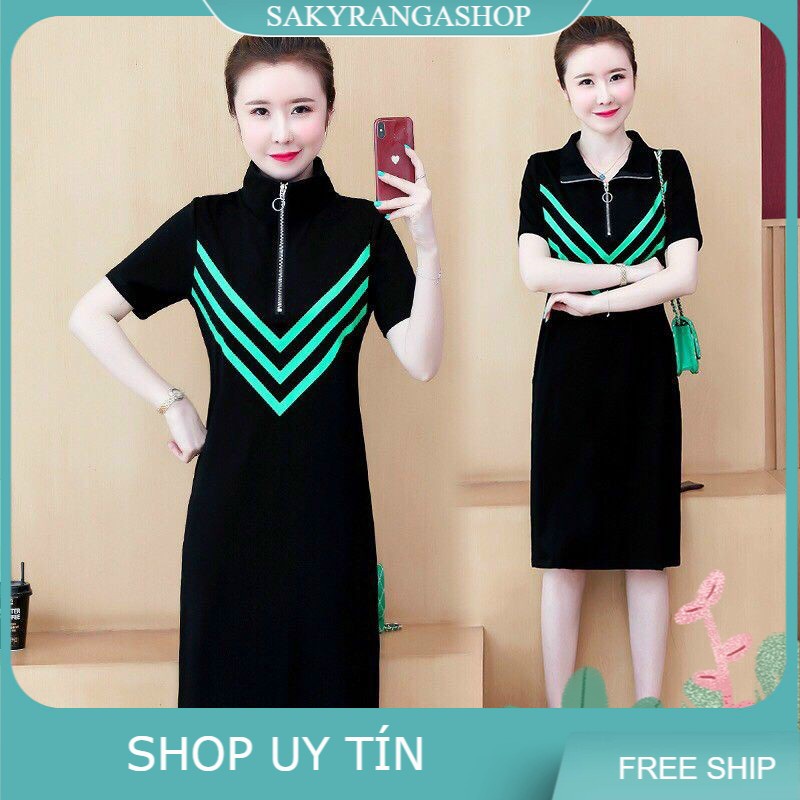 HÀNG NHẬP - ĐẦM SUÔNG THUN PHỐI SỌC V XANH