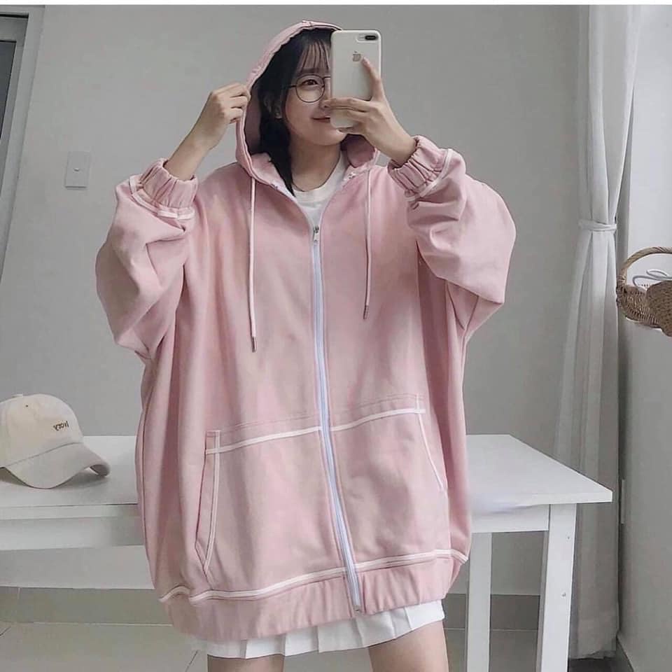 Áo Khoác Nỉ Khóa Zip Oversize VIỀN CHỈ NỔI - Hoodie dáng thụng form rộng dài tay, kiểu dáng basic, thiết kế trẻ trung | BigBuy360 - bigbuy360.vn