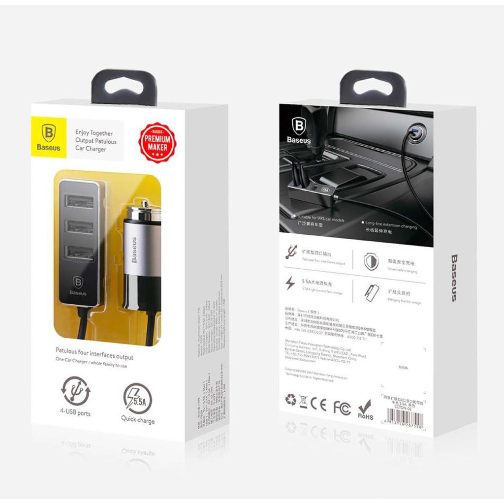 [CHÍNH HÃNG] Bộ Sạc Thông Minh Trên Xe Hơi, Ô Tô Baseus 1 Cổng Usb Và 3 Cổng USB Kéo Dài Công Xuất 5,5A