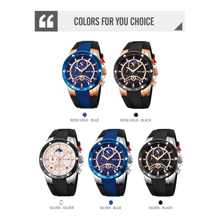 Đồng Hồ Quartz SKEMI 9270 Mặt Trăng Phase Chống Thấm Nước Dây Silicon Dài 50m Thời Trang Công Sở Cho Nam