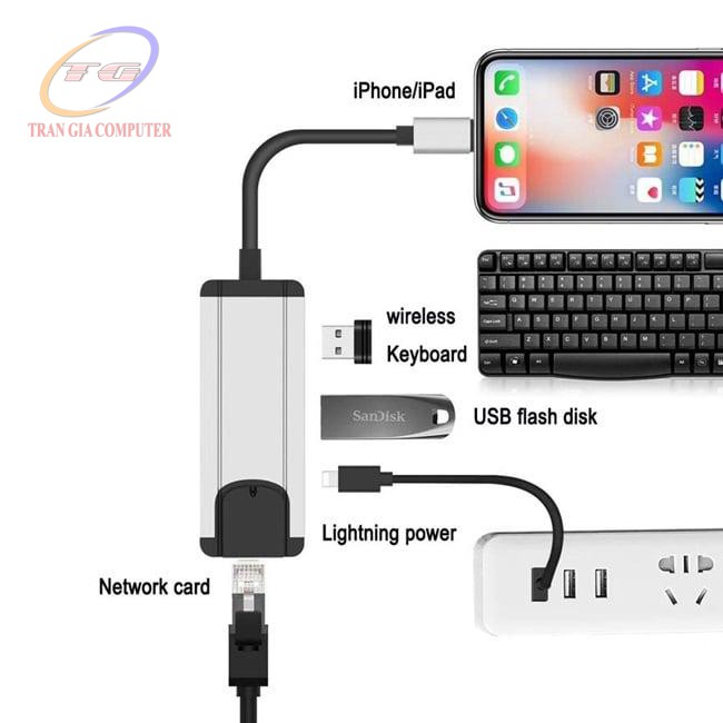 Cáp Lightning OTG to LAN, HUB USB dùng cho iPhone, iPad chính hãng Onten 75002