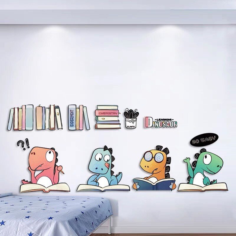 Decan dán tường 3d cho bé khủng long học bài trang trí phòng ngủ tủ quần áo