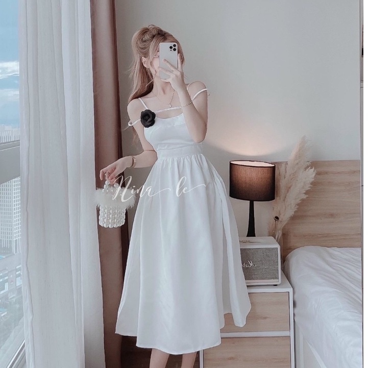 Váy đầm nữ dự tiệc đính bông đầm 2 dây dáng xòe sang trọng ( có mút ) chất liệu tapta xinh xắn thời trang Bella Luu Shop