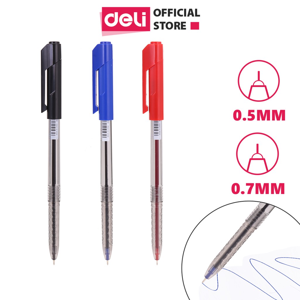 Bút bi văn phòng mực dầu màu xanh đen đỏ nắp đậy ngòi 0.5mm 0.7mm Deli nét viết đều chất lượng cao